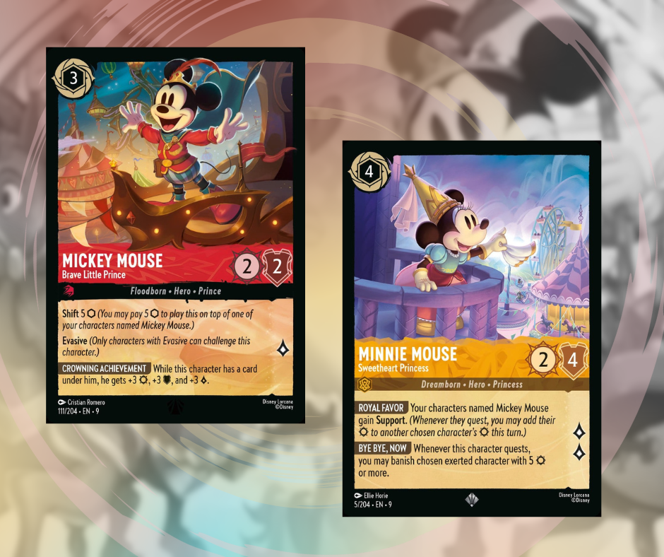 The new Mickey Mouse - Brave Little Prince and Minnie Mouse - Sweetheart Princess cards from the Disney Lorcana Fabled set.