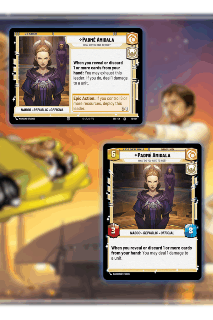The leader and unit sides of the Padmé Amidala card from the Star Wars: Unlimited set Secrets of Power.