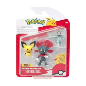 The Pokemon 3 Pack Battle Figure Set, showing the Pichu, Weavile, and Machop figures in their packaging.