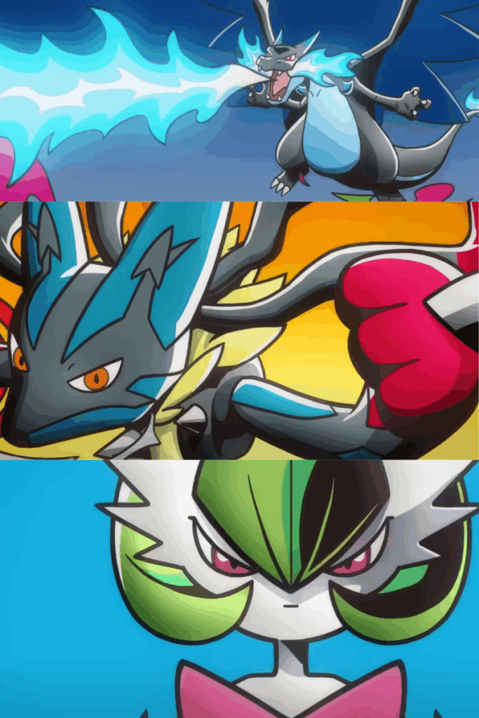 A collage of still images from the Pokémon TCG Mega Evolution reveal trailer, featuring Mega Charizard X, Mega Lucario, and Mega Gardevoir.