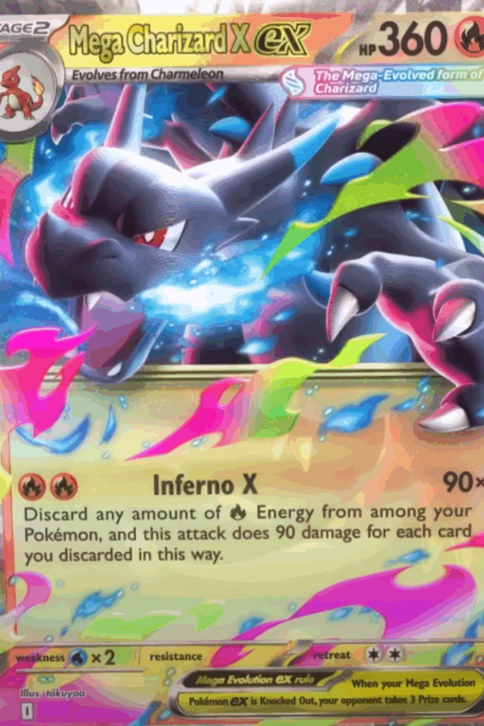 The standard art for the new Mega Charizard X ex card from the upcoming Pokémon TCG set Inferno X.