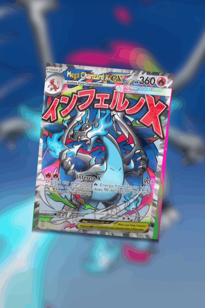 The new Mega Attack Rare card for Mega Charizard X ex, revealed at Pokémon Worlds 2025, featuring the "Inferno X" attack in the art.