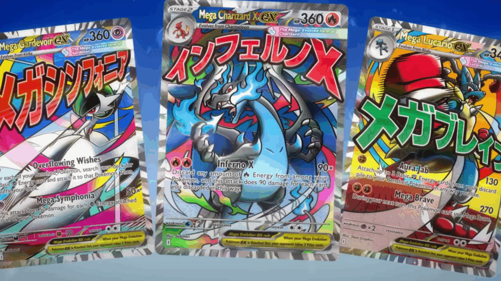 The three revealed Mega Attack Rare cards shown together: Mega Charizard X ex, Mega Gardevoir ex, and Mega Lucario ex.