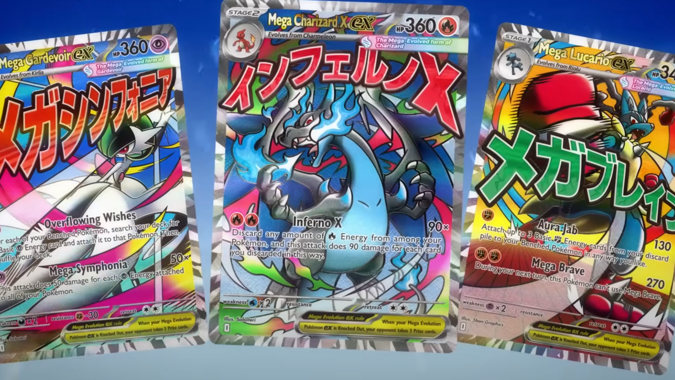 The three revealed Mega Attack Rare cards shown together: Mega Charizard X ex, Mega Gardevoir ex, and Mega Lucario ex.