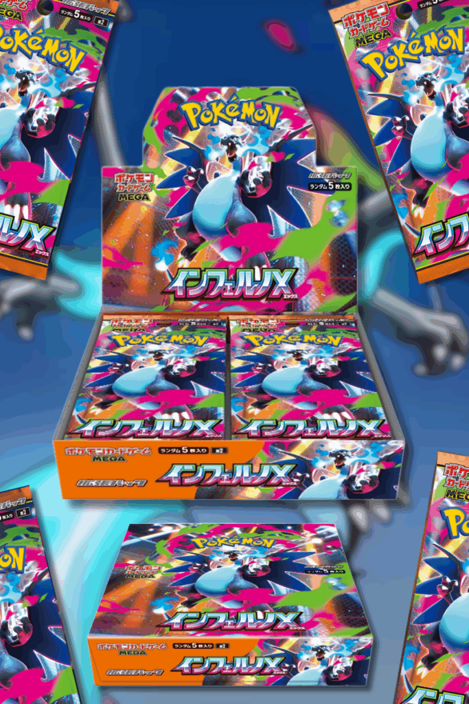 A promotional image showing the newly revealed booster box and booster packs for the Japanese Pokémon TCG set, Inferno X, featuring Mega Charizard X.