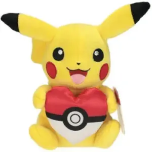 An 8-inch Pokémon plush of Pikachu sitting down and holding a red and white heart-shaped Poké Ball.