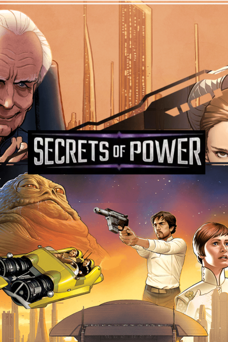 The key art for the Star Wars: Unlimited set Secrets of Power, featuring Chancellor Palpatine, Padmé Amidala, Jabba the Hutt, and Han Solo.