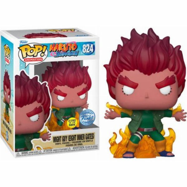 A Funko POP figure of Might Guy from Naruto Shippuden using the Eight Inner Gates technique, number 824. The figure glows in the dark.