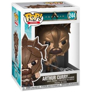 A Funko POP figure of Arthur Curry in gladiator armour from the Aquaman movie, number 244. This product is listed as having a bleached box.