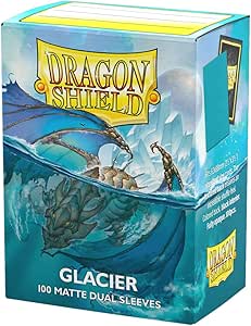A box of 100 Dragon Shield Glacier Dual Matte Sleeves for standard size trading cards.