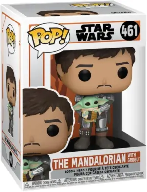 A Funko POP bobble-head figure of The Mandalorian (Din Djarin, unmasked) holding Grogu, from the Star Wars series.