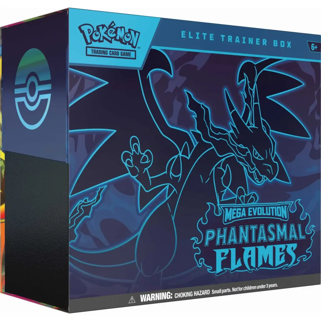 The Elite Trainer Box for the Pokémon TCG set Phantasmal Flames, featuring artwork of Mega Charizard X.