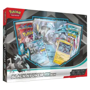 The Pokémon TCG Black Kyurem ex Box, showing the promo cards, oversize card, and booster packs.