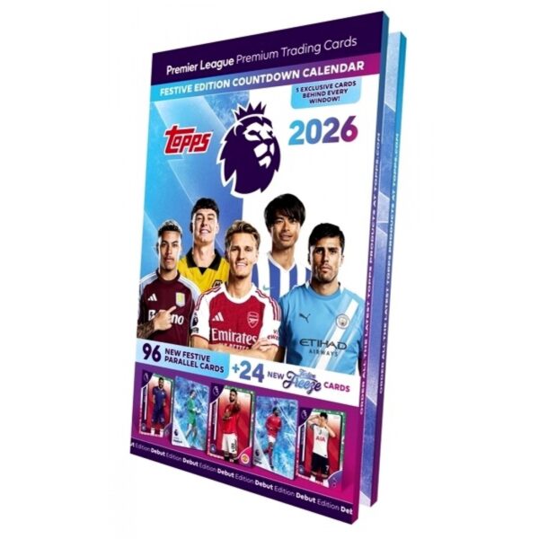 The Topps Premier League 2026 festive advent calendar, showing several players on the box and the promise of exclusive cards.