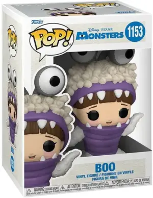 A Funko POP vinyl figure of Boo from Monsters Inc, number 1153, wearing her purple monster disguise costume.