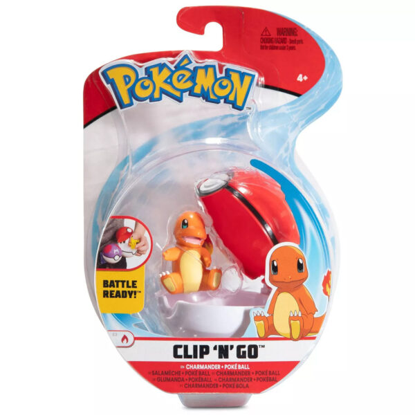 The Pokemon Clip 'N' Go toy set, showing the 2-inch Charmander figure and the clip-on Poké Ball in its packaging