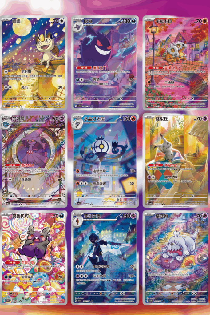 The nine exclusive Art Rare cards from the Chinese Pokémon TCG Gem Pack Vol. 3, including Gengar, Meowth, and Chandelure.