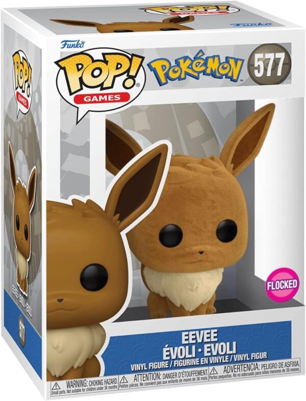 The Funko POP! Games figure of a flocked Eevee from Pokémon (#577) in its Special Edition window display box.