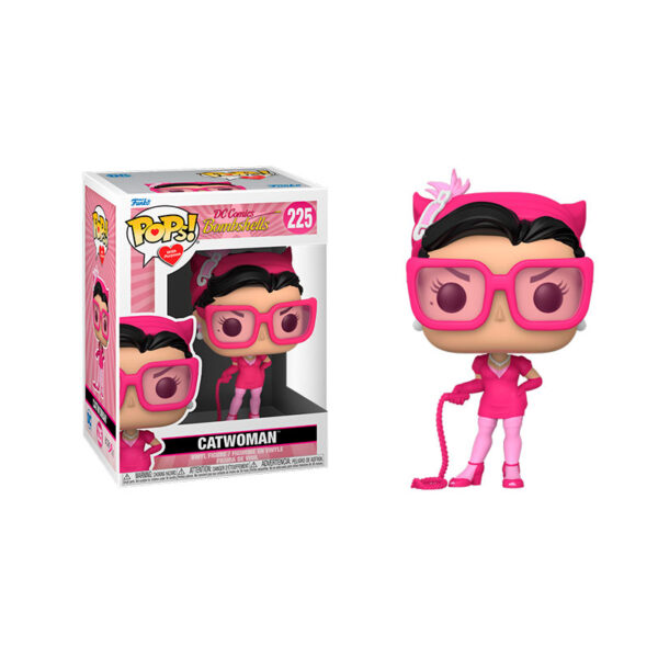 A Funko POP With Purpose figure of DC Bombshells Catwoman, number 225, in a pink outfit to support the Breast Cancer Research Foundation.