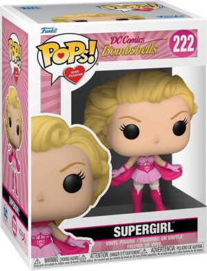 A Funko POP With Purpose figure of DC Bombshells Supergirl, number 222, in a special pink outfit to support the Breast Cancer Research Foundation.