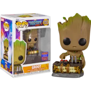 The Funko POP! figure of Groot (#1222) from Guardians of the Galaxy Vol. 2, sitting with the bomb, shown next to its Limited Edition convention exclusive box.