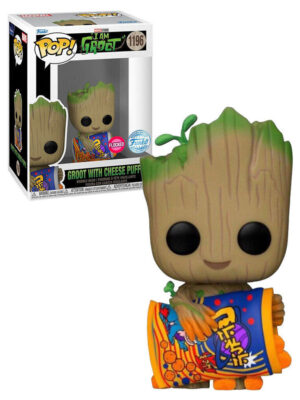 The Funko POP! figure of a flocked Groot holding a bag of cheese puffs (#1196) from the "I Am Groot" series, shown next to its Special Edition box.