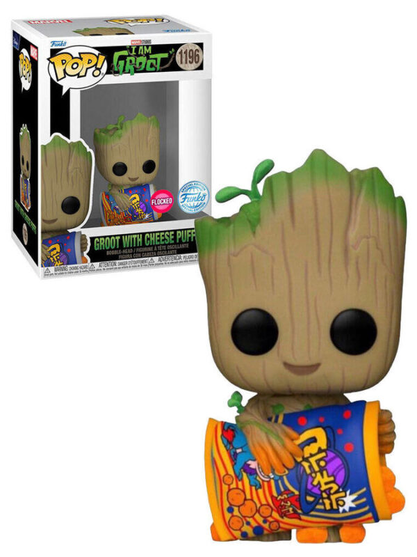 The Funko POP! figure of a flocked Groot holding a bag of cheese puffs (#1196) from the "I Am Groot" series, shown next to its Special Edition box.