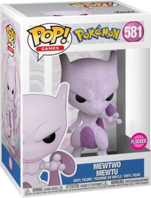 The Funko POP! Games figure of a flocked Mewtwo from Pokémon (#581) in its window display box.