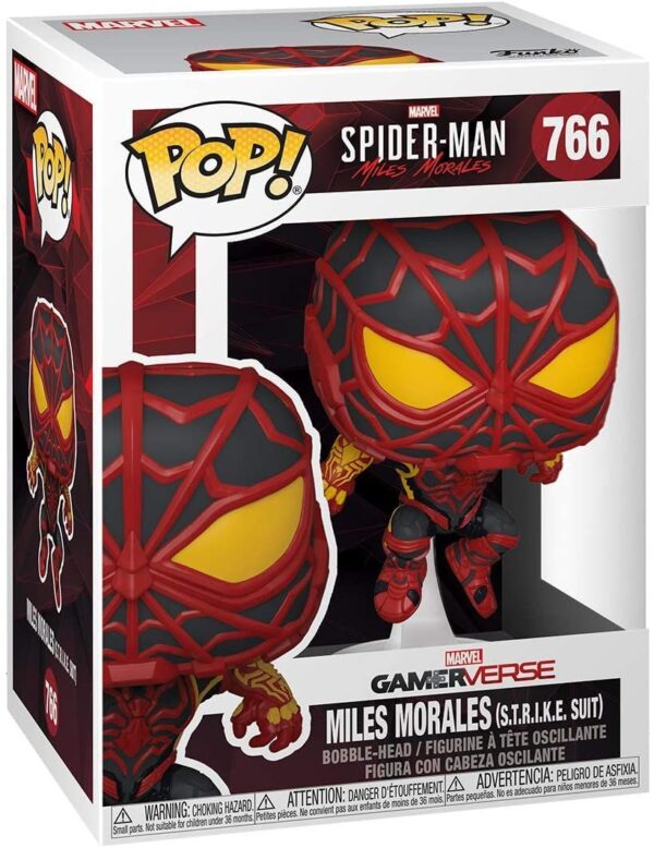 A Funko POP vinyl bobble-head of Miles Morales in his S.T.R.I.K.E. Suit from the Marvel Gamerverse, number 766.