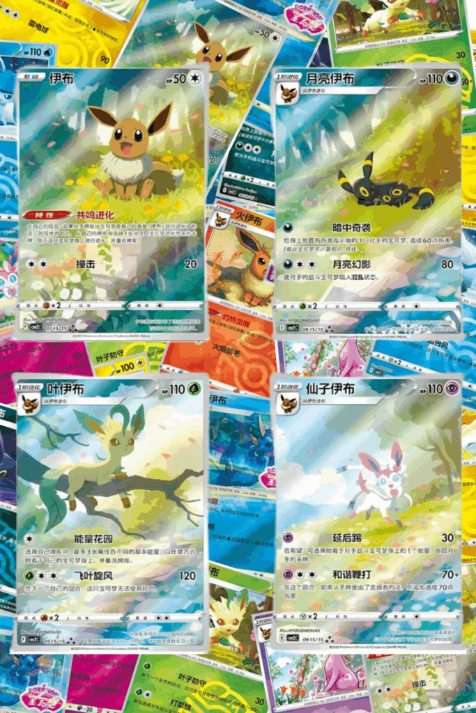 The four exclusive Art Rare Eeveelution cards from the Chinese Pokémon TCG set Gem Pack Vol. 2, illustrated by HYOGONOSUKE.
