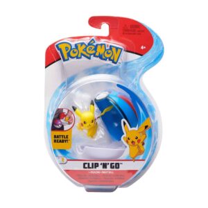 The Pokemon Clip 'N' Go toy set, showing the 2-inch Pikachu figure and the clip-on Great Ball in its packaging.