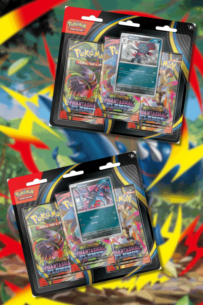 The three-pack blister products for Phantasmal Flames, featuring promo cards of Sneasel and Weavile.