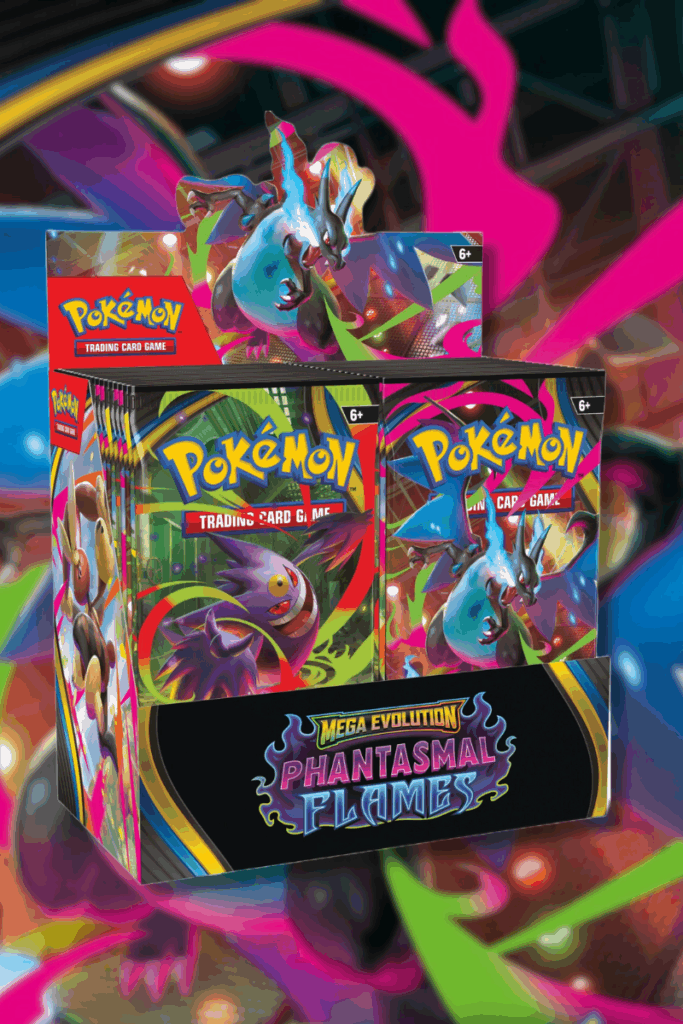 A 36-pack booster box for the Pokémon TCG set Phantasmal Flames, featuring artwork of Mega Charizard X and Mega Gengar