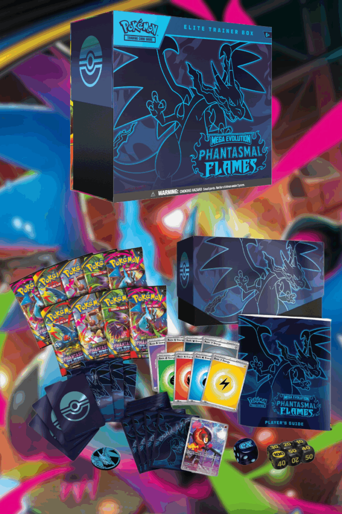 The Elite Trainer Box for Pokémon TCG: Phantasmal Flames, showing the box, sleeves, dice, and Charcadet promo card.