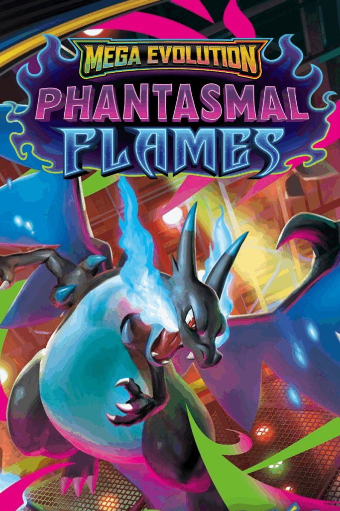 The key artwork for the Phantasmal Flames Pokémon set, featuring a powerful Mega Charizard X with blue flames.