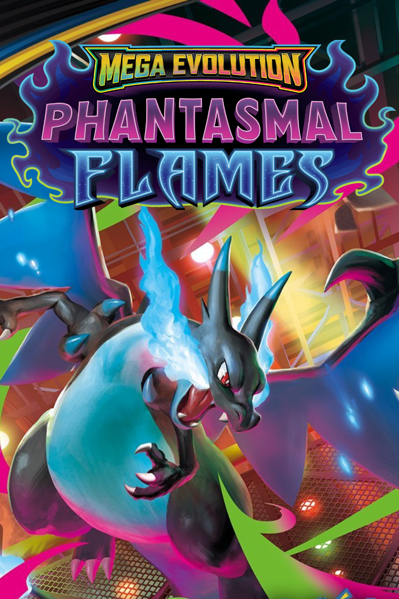 The key artwork for the Phantasmal Flames Pokémon set, featuring a powerful Mega Charizard X with blue flames.