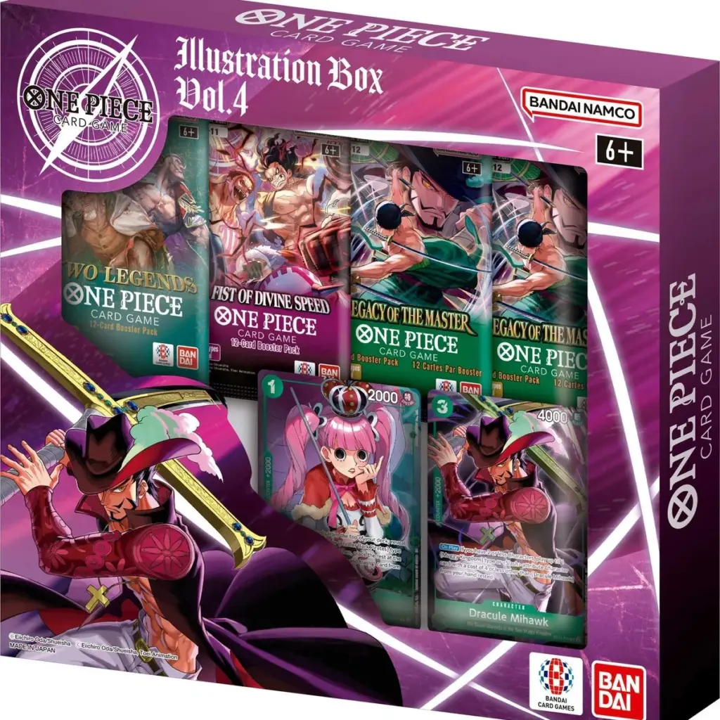 The One Piece Card Game Illustration Box Vol. 4, showing the themed storage box and its contents, including promo cards.