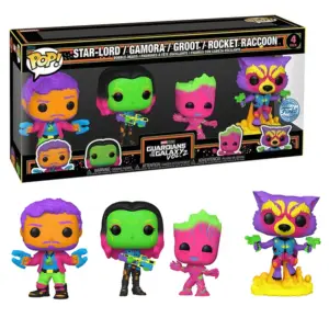 A Funko POP! 4-pack of Guardians of the Galaxy characters (Star-Lord, Gamora, Groot, Rocket) in vibrant black light colours.