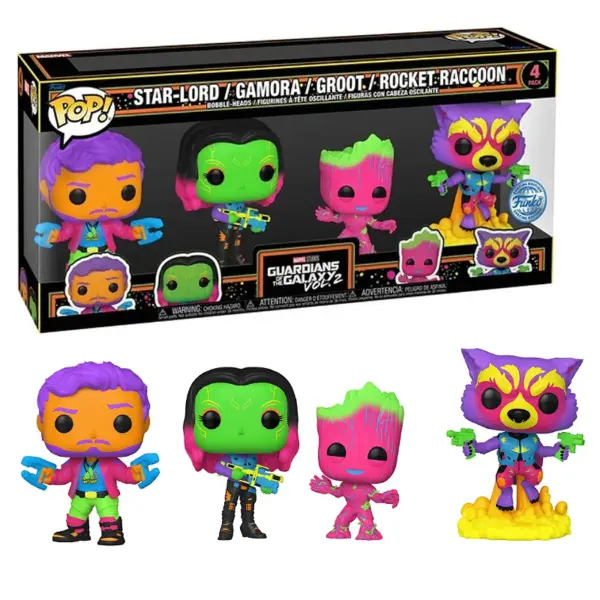 A Funko POP! 4-pack of Guardians of the Galaxy characters (Star-Lord, Gamora, Groot, Rocket) in vibrant black light colours.