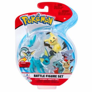 The Pokemon Battle Figure Set, showing the Vaporeon, Mimikyu, and Gible figures in their packaging.