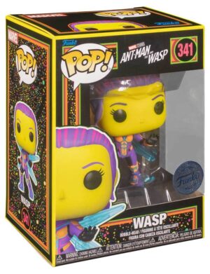 The Funko POP! figure of Wasp (#341) from Ant-Man and the Wasp in her vibrant blacklight colours, shown in its Special Edition box.