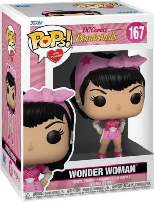 A Funko POP With Purpose figure of DC Bombshells Wonder Woman, number 167, in a special pink outfit to support the Breast Cancer Research Foundation.