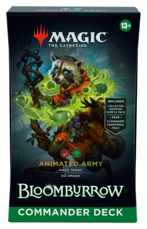 The box for the Magic: The Gathering Bloomburrow Commander Deck named "Animated Army," featuring artwork of a raccoon creature.