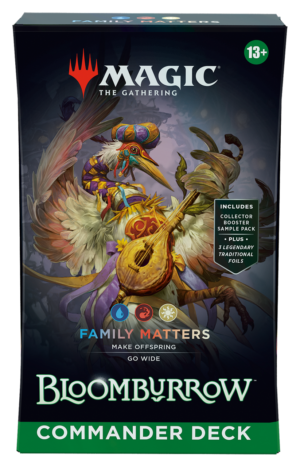 The box for the Magic: The Gathering Bloomburrow Commander Deck named "Family Matters," featuring artwork of a colourful bird-like creature.