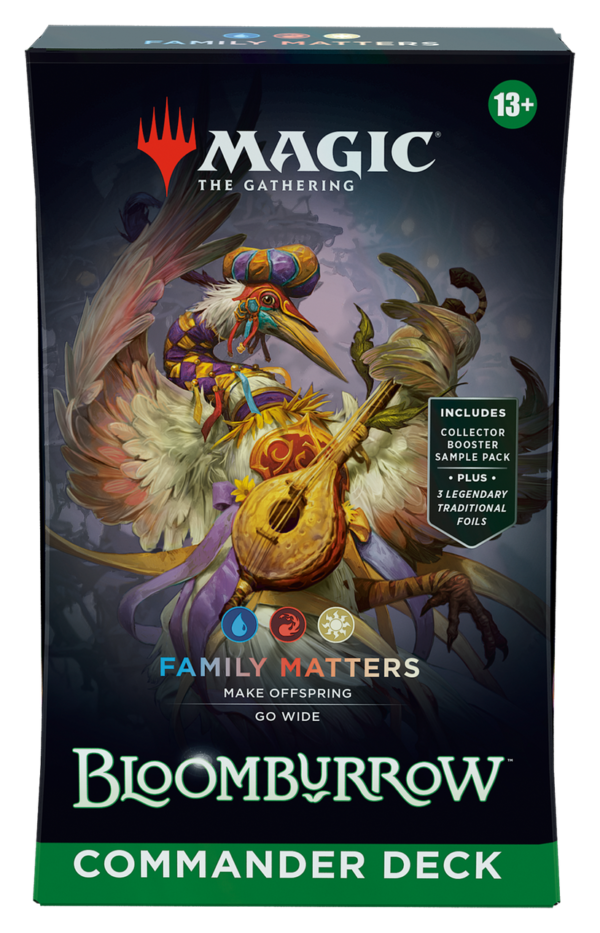 The box for the Magic: The Gathering Bloomburrow Commander Deck named "Family Matters," featuring artwork of a colourful bird-like creature.