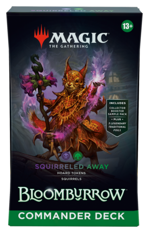 The box for the Magic: The Gathering Bloomburrow Commander Deck named "Squirreled Away," featuring artwork of squirrel creatures.