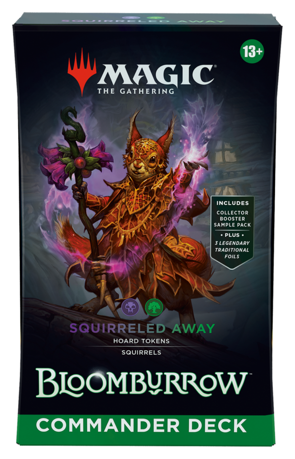 The box for the Magic: The Gathering Bloomburrow Commander Deck named "Squirreled Away," featuring artwork of squirrel creatures.
