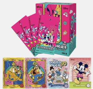 A booster box and example cards for the Kakawow Disney Fantastic Fun Series 2, a set of Chinese trading cards.