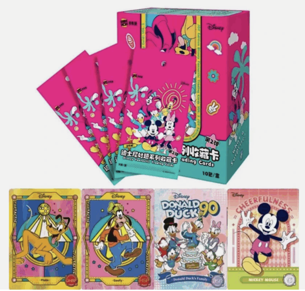 A booster box and example cards for the Kakawow Disney Fantastic Fun Series 2, a set of Chinese trading cards.