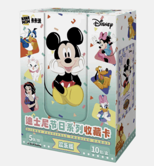 A booster box and example cards for the Kakawow Disney Fantastic Fun Series 2, a set of Chinese trading cards.